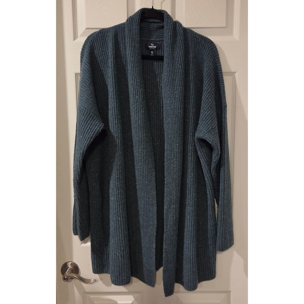 Lands' End 100% Cashmere Cardigan XL 18 Green Speckled Long Chunky Rib Knit